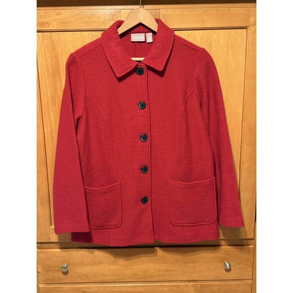 Chicos Candy Apple Red 100% Wool Coat Jacket Buttons Pockets Size 2 US 12/14